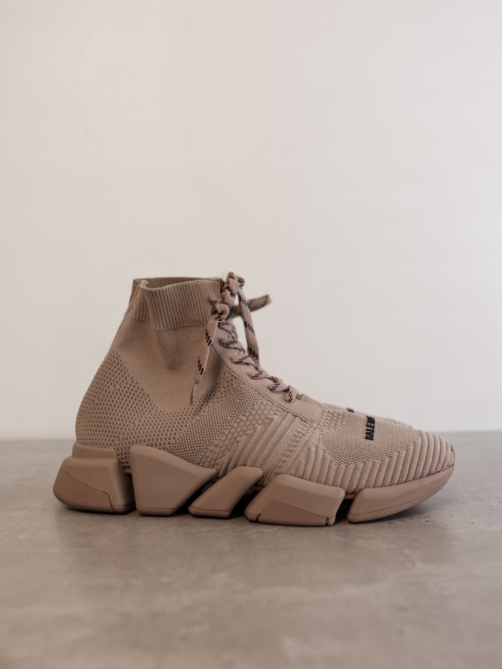 Balenciaga Speed Trainer Knit High-Top Sneakers Beige Taupe Size 42